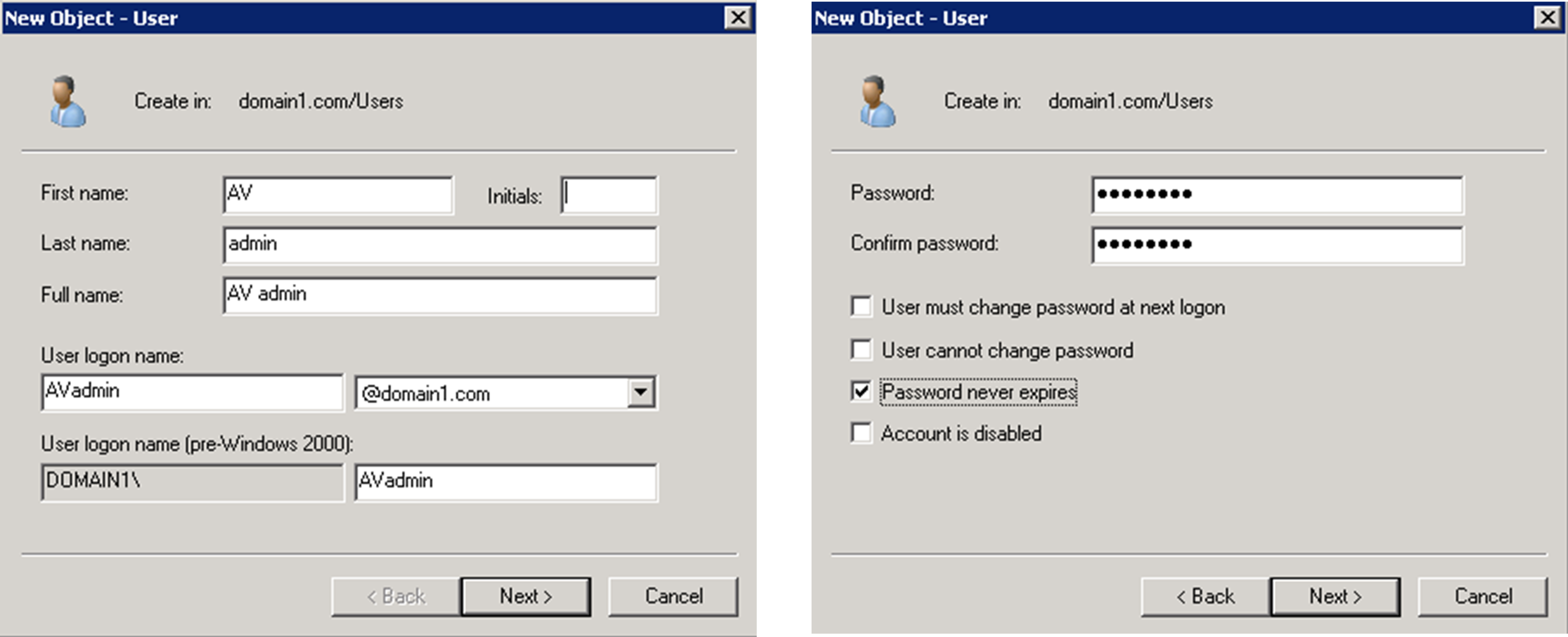 Microsoft Active Directory dialog boxes for account creation.